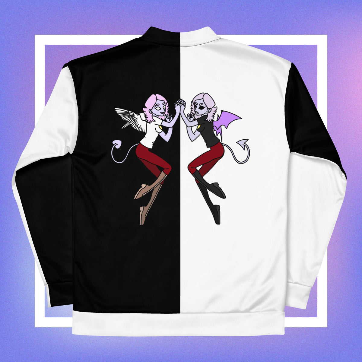 Cozmic's B&W Jacket: A bold men's black and white jacket featuring a yellow pentacle star on the front and iconic characters Fandom & Phantom on the back.