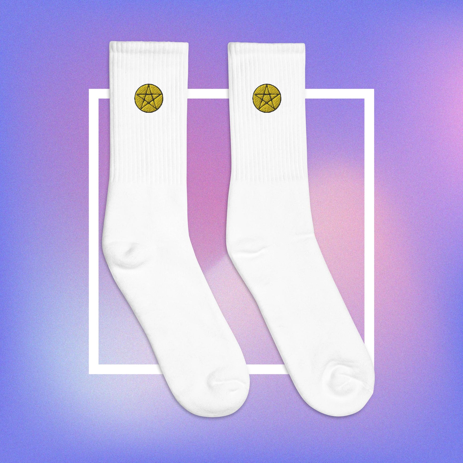 Vibrant yellow pentacle design on comfortable, high-quality white socks.