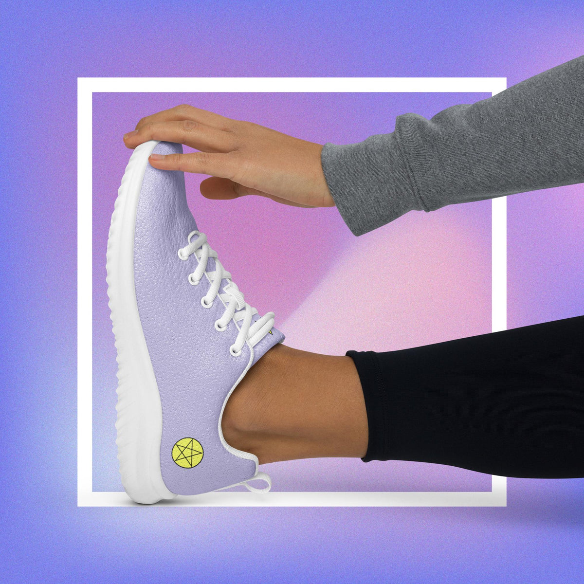 Women's purple athletic shoes featuring two pentacle star designs printed on each side with a center star logoed CS on the tongue. 